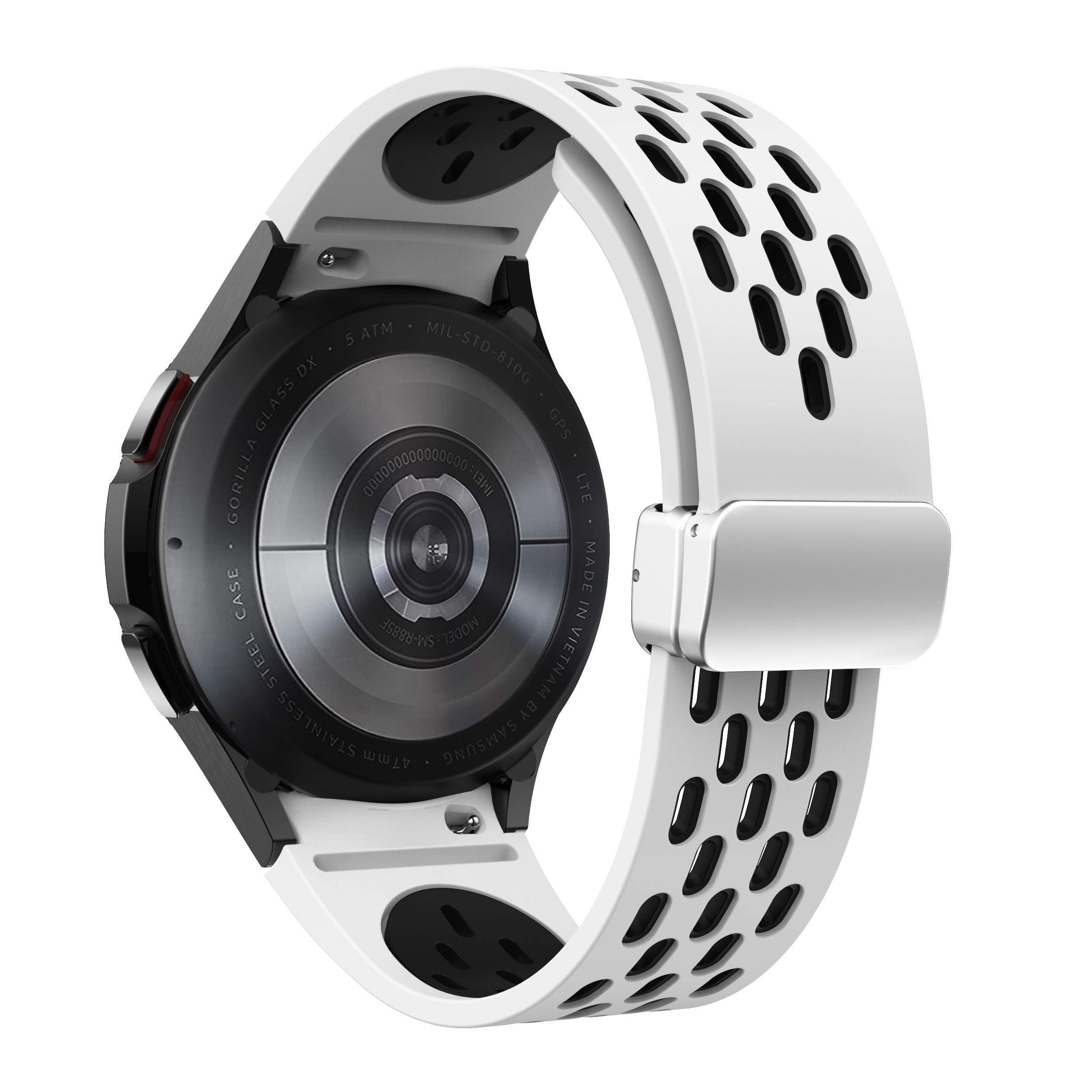 For Samsung Galaxy Watch6 40mm / Watch6 44mm / Watch6 Classic 43mm Watch Strap with Silver Buckle - White+Black For Samsung Galaxy Watch6 40mm / Watch6 44mm / Watch6 Classic 43mm Watch Strap with Silver Buckle - White+Black